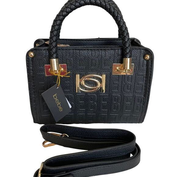 Brand New bebe’ Alexandra Small Satchel Crossbody Black Raised Letter LOGO Purse - Picture 1 of 8